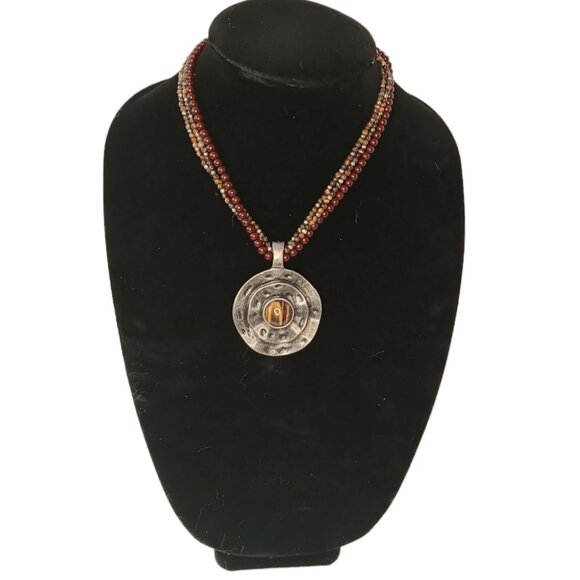 Premier Designs Tigers Eye Medallion Chunky Brown Silvertone Statement Necklace - Picture 1 of 9